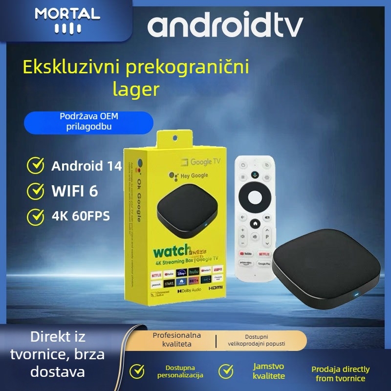 Mortal H313 Android TV Box s dvostrukim Wi-Fi, Bluetooth daljinskim upravljačem, Android 14.0, 4K 3840x2160, Quad-core