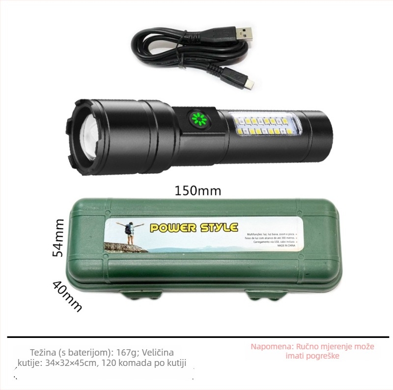 Ručni LED fenjer od aluminijske legure, punjiv, 5W, 1200mAh, domet 200-500 m