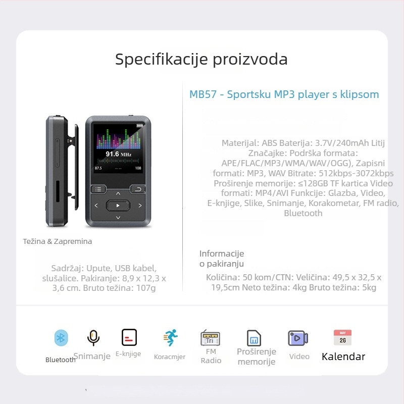 MB57 mini Bluetooth MP3 player s klips dizajnom, 1,5-inčni monochromatski zaslon, podržava TF karticu i USB 2.0, formati MP3/WMA/WAV/OGG/FLAC/APE, čitač e-knjiga