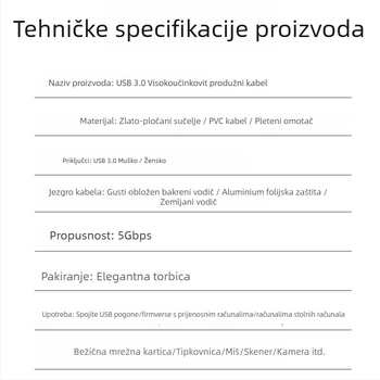 USB 3.0 produžni kabel, muški–ženski, aluminijsko kućište s pozlaćenim slojem, duljina 0,5 m