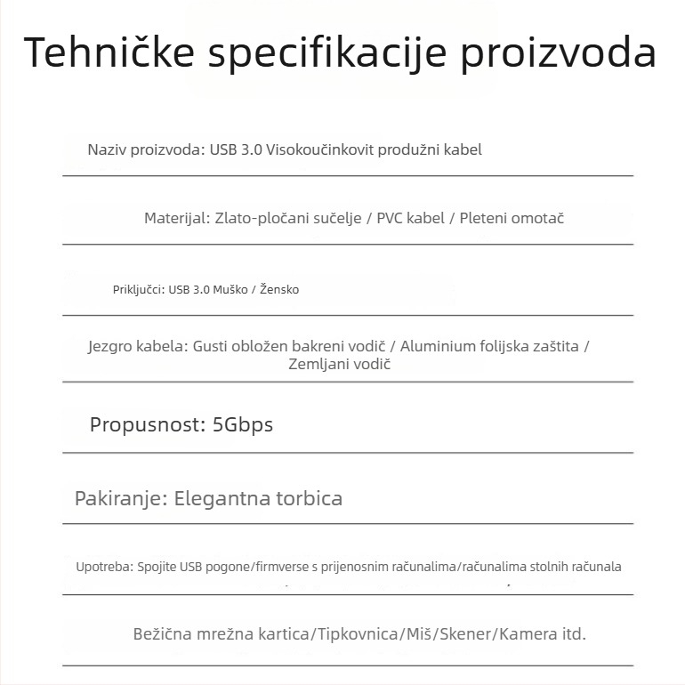 USB 3.0 produžni kabel, muški–ženski, aluminijsko kućište s pozlaćenim slojem, duljina 0,5 m