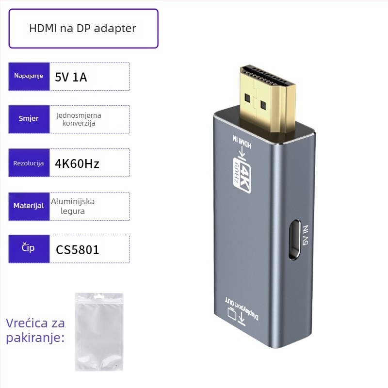 HDMI na DP adapter, 4K60Hz pretvarač za povezivanje računala s monitorima i projektorima