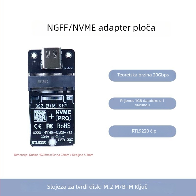 M.2 SSD adapter kartica s čipom 9220, USB 3.0 sučelje, 20 Gbps prijenos, model 9220-U128