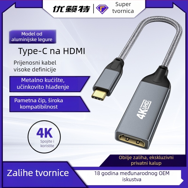 Type-C na HDMI ženski adapter kabel, 4K60Hz, PS176 čip, duljina 0,2 m