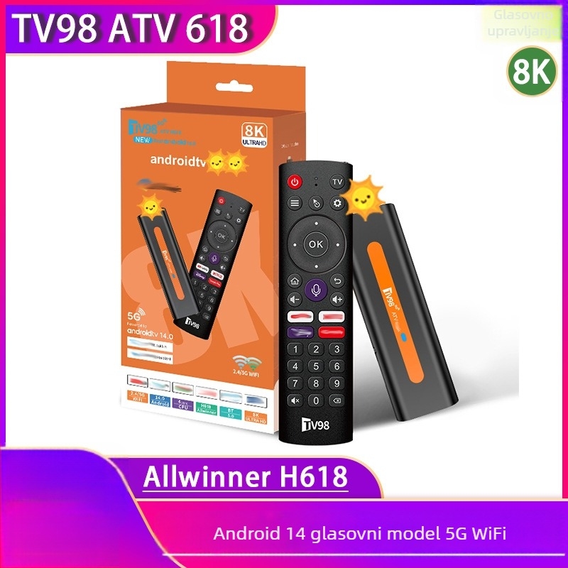 Tv98 ATV H618 4K Android 14 Set-top box s Bluetooth glasovnim upravljanjem i dvopojasnim Wi‑Fi