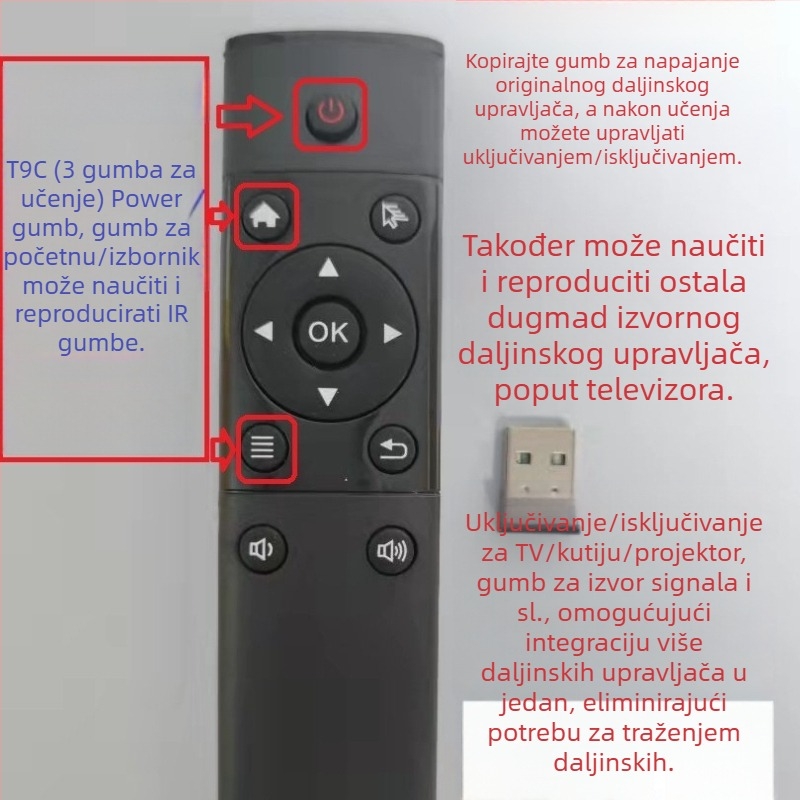 USB bežični daljinski upravljač za set-top box i projektor | 2.4G USB sučelje, domet 10 m, 360° upravljanje, Android/iOS/Windows kompatibilno