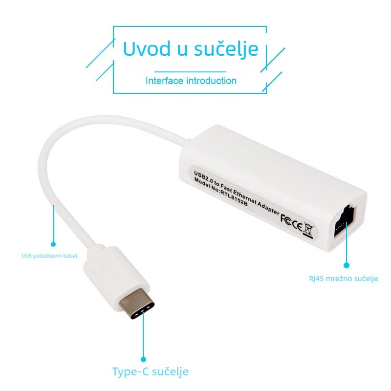 Type-C na RJ45 Ethernet adapter, 100 Mbps, uvođeni čip, MD1, duljina 0.15 m