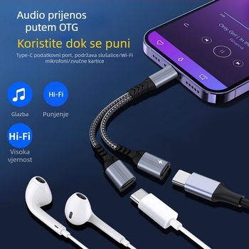 Huiyue Type-C 1-na-2 adapter kabel, bakreno jezgro, 2 izlaza za slušalice i punjenje