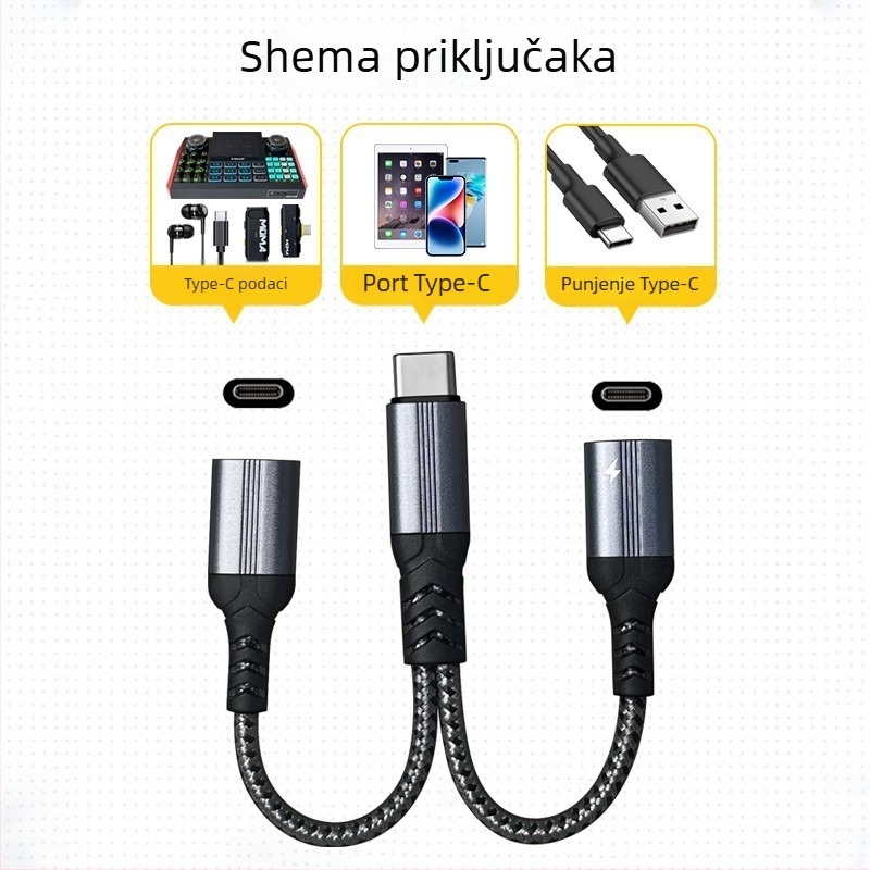 Huiyue Type-C 1-na-2 adapter kabel, bakreno jezgro, 2 izlaza za slušalice i punjenje