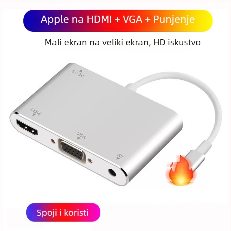 Lightning na HDMI+VGA adapter za iPhone, model 7585C, duljina 0.8 m, HDMI sučelje, 1×3 splitter