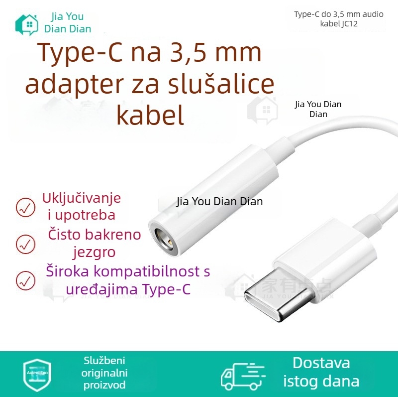 Type-C na 3,5 mm adapter kabel, univerzalni zvučni priključak, JC12, bakreno jezgro, duljina 10 cm, 1:3 splitter