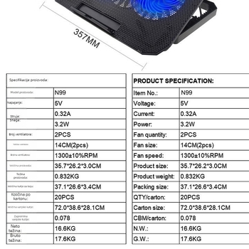 N99 nosač za hlađenje laptopa s dvostrukim ventilatorima, zračno hlađenje, podesiva visina, kompatibilan s notebook računalima, ultrabookovima i PlayBookom.