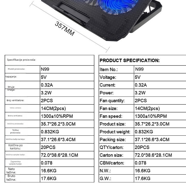 N99 nosač za hlađenje laptopa s dvostrukim ventilatorima, zračno hlađenje, podesiva visina, kompatibilan s notebook računalima, ultrabookovima i PlayBookom.