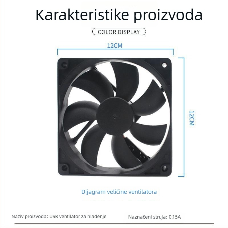 Ventilator za hlađenje kućišta računala, ABS, uljni ležaj, tih, USB sučelje prilagodljivo, hlađenje zrakom