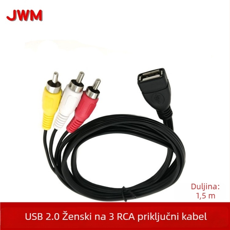 JWM USB ženski na 3RCA adapter kabel, USB 2.0, 480Mbps, bakreno jezgro