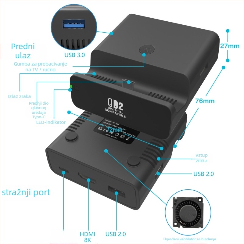 Hlađena baza za Switch, OLED i Switch 2 | ABS materijal | Model HYC-SR001 | Raspršivanje topline