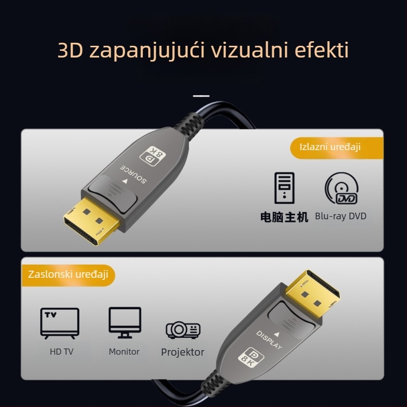 DP1.4 optički DP kabel, 8K video visoke rezolucije, 4K144Hz za računalni monitor, inženjerska kvaliteta prijenosa na velike udaljenosti