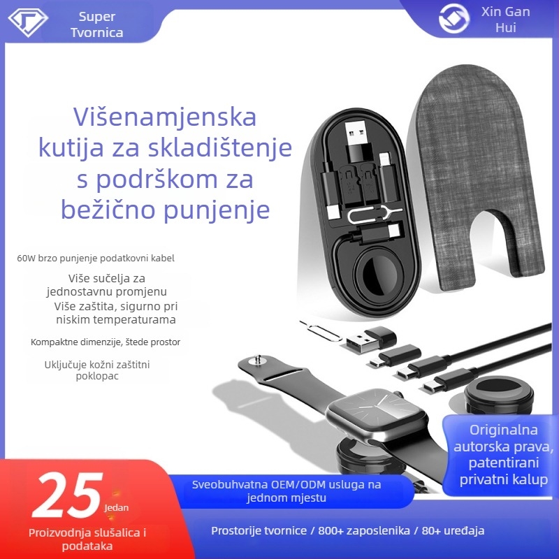 Type-C višenamjenski adapter s 1→8 razdjelnom, portovi Mini USB, Lightning, OTG, Micro USB i Type-C; magnetsko držanje; do 60W PD brzog punjenja; kompatibilno s bežičnim punjenjem Apple Watch