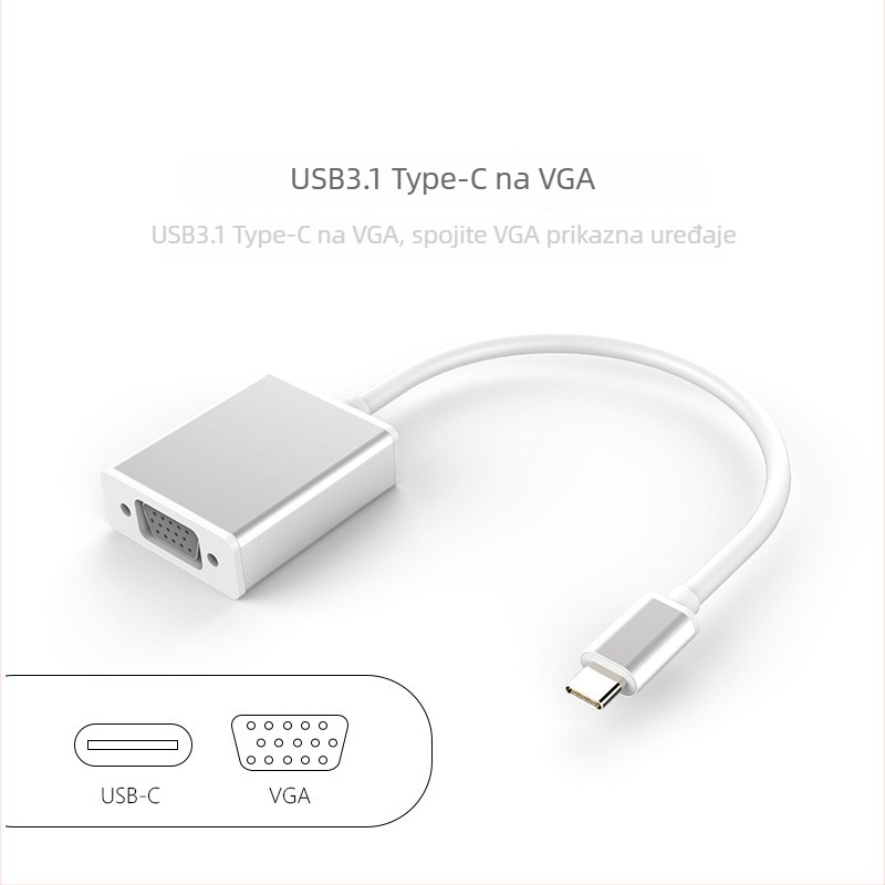 Type-C na VGA adapter, 1080P, povezivanje prijenosnog računala s monitorom