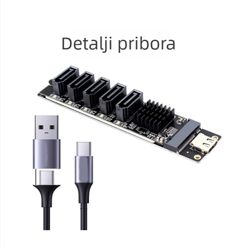 Proširena USB na SATA kartica, 5-portna, JMS580 + JMB575, SATA3.0 6Gbps, 30 cm kabel
