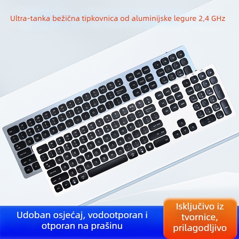 Bluetooth tipkovnica, kućište od aluminijske legure, bežično 2.4 GHz, 110 tipki, vodootporna (Bežično 2.4 GHz; 110 tipki; vodootporna)