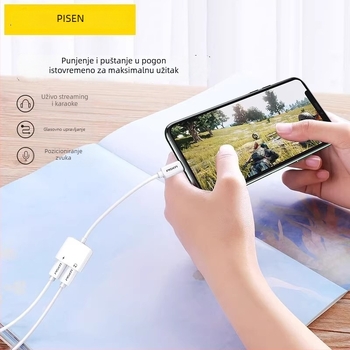 Pisen 2-u-1 adapter za iPhone: punjenje i slušanje glazbe, kompatibilan s Apple 7/8/X/XR/11/12/13/14, mobilni prijenos uživo