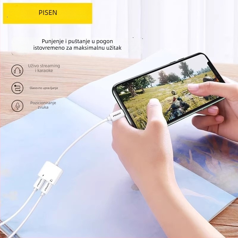 Pisen 2-u-1 adapter za iPhone: punjenje i slušanje glazbe, kompatibilan s Apple 7/8/X/XR/11/12/13/14, mobilni prijenos uživo