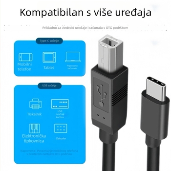 Type-C na USB-B pisaći kabel, USB 2.0 visoke brzine, bakar, duljina 0.5–3 m, za PC