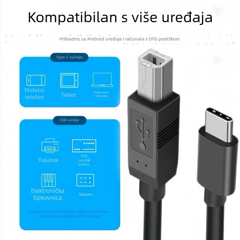 Type-C na USB-B pisaći kabel, USB 2.0 visoke brzine, bakar, duljina 0.5–3 m, za PC