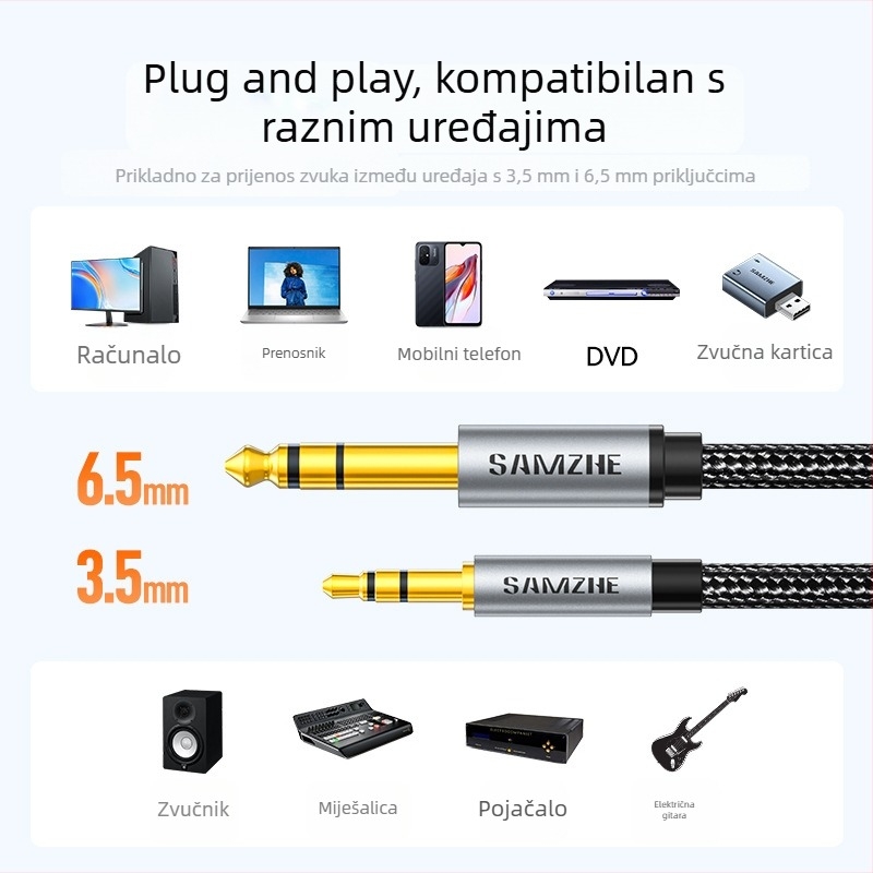 YPZ-10 Audio adapter 3,5 mm na 6,5 mm, pozlaćen, za električnu gitaru i elektronički klavir, spoj na pojačalo i računalo