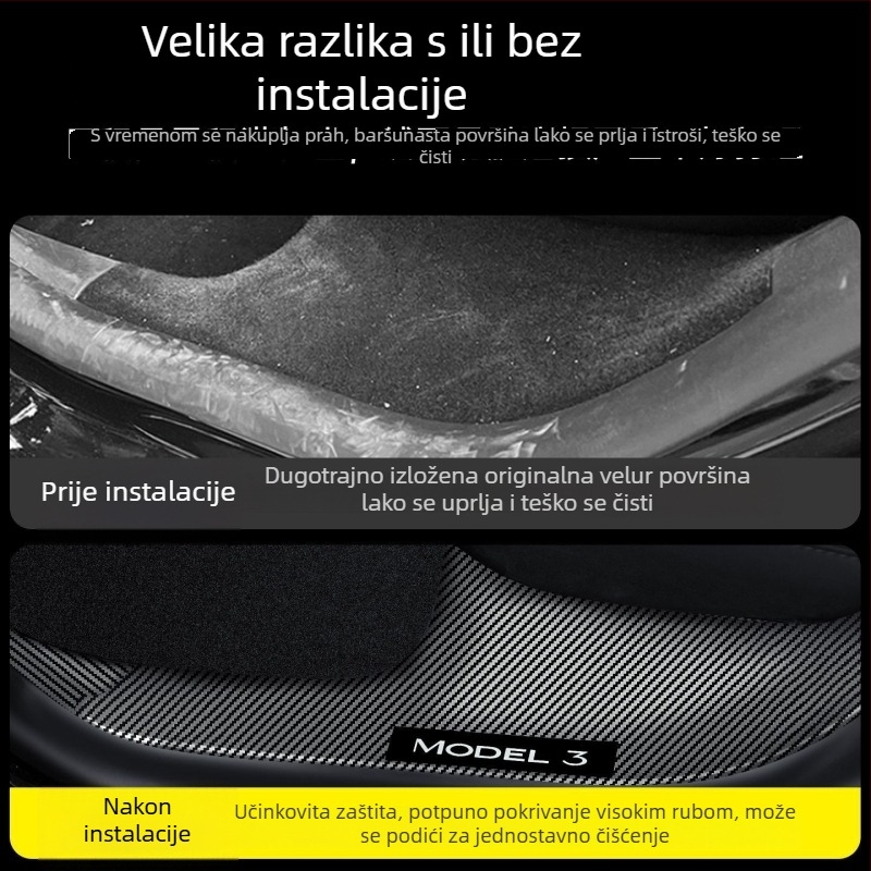 Tesla Model Y prednji i stražnji prag vrata s lasersko izrezanim karbonskim uzorkom i pločom za zaštitu pedale