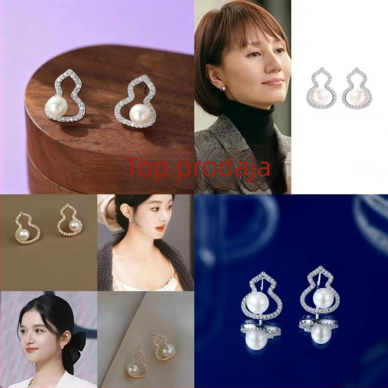 Naušnice s biserom u obliku tikve, srebro 925, dijamantna obrada, vilinski stil, zima 2025