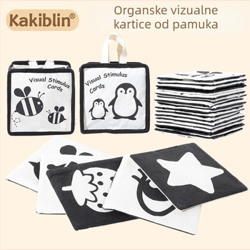 Kakiblin organska pamuk crno-bijele vizualne kartice za poticanje vida i platnenu knjigu za bebe – pamuk, 0–3 godina, vizualna stimulacija, razvoj osjetila i kognitivni razvoj, emocionalni razvoj