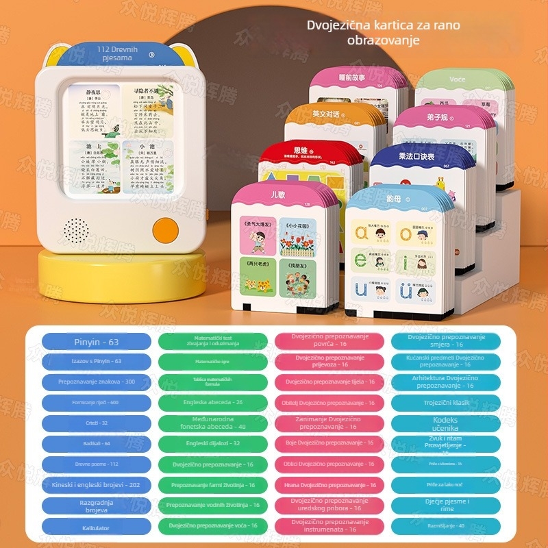 Dječja kartična čitačica jezika, matematike i engleskog — električna, punjiva, s odzivom dodira, plastično kućište, za djecu 0-3 godine