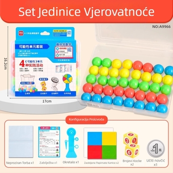 Set jedinica vjerojatnosti za matematiku, razred 4.–5. — Plastični učni komplet sa spinnerom, 40 kuglica, 2 kocke, edukativni novčić i prozirna vrećica za pohranu (21 kom./kutija, 6 kutija/komplet)