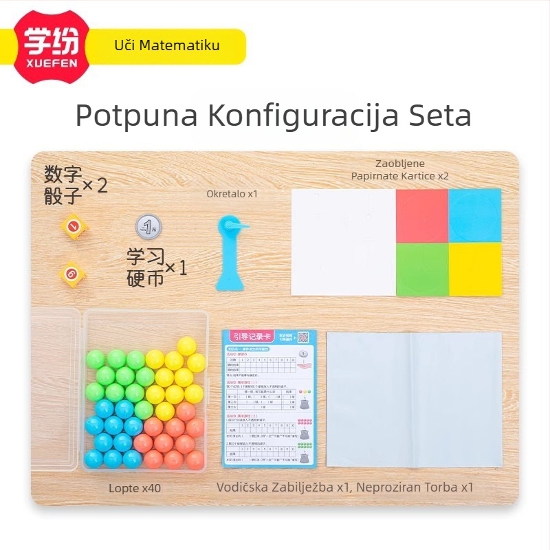Set jedinica vjerojatnosti za matematiku, razred 4.–5. — Plastični učni komplet sa spinnerom, 40 kuglica, 2 kocke, edukativni novčić i prozirna vrećica za pohranu (21 kom./kutija, 6 kutija/komplet)