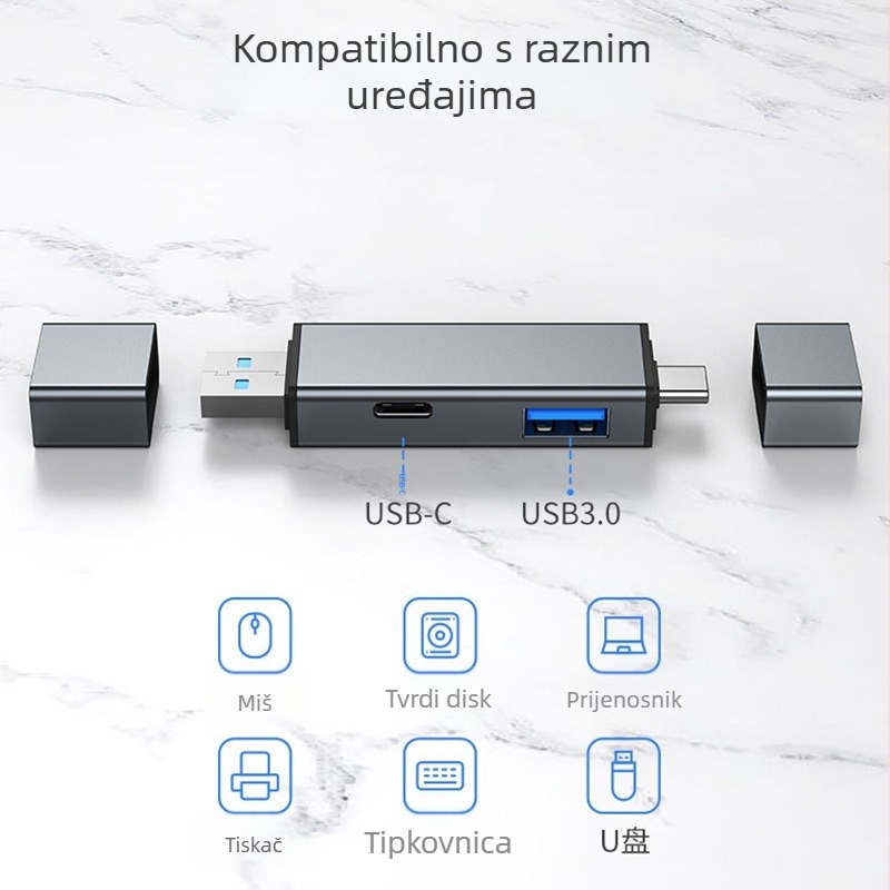 USB-C hub 3.0 s čitačem SD/TF kartica, aluminijsko kućište, 4-u-1, za mobilne telefone i računala