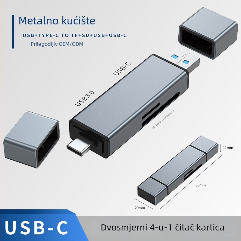 USB-C hub 3.0 s čitačem SD/TF kartica, aluminijsko kućište, 4-u-1, za mobilne telefone i računala