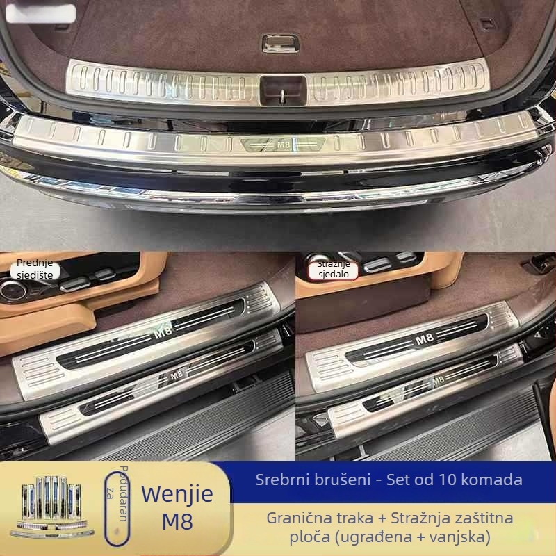 Set dodatne opreme za prtljažnik od nehrđajućeg čelika za Huawei Wenjie M8: stražnja zaštitna ploča, ukrasne trake, pragovi i pedala dobrodošlice — Junmiao • Huawei Wenjie M8 • Godina modela: 2025 • Prijenos: automatski