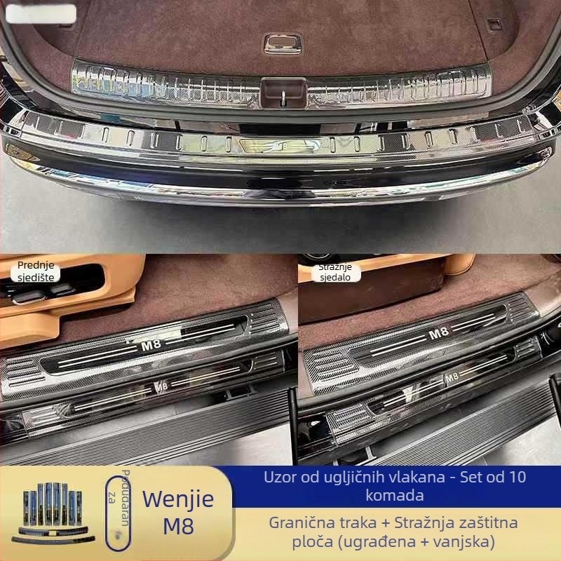 Set dodatne opreme za prtljažnik od nehrđajućeg čelika za Huawei Wenjie M8: stražnja zaštitna ploča, ukrasne trake, pragovi i pedala dobrodošlice — Junmiao • Huawei Wenjie M8 • Godina modela: 2025 • Prijenos: automatski
