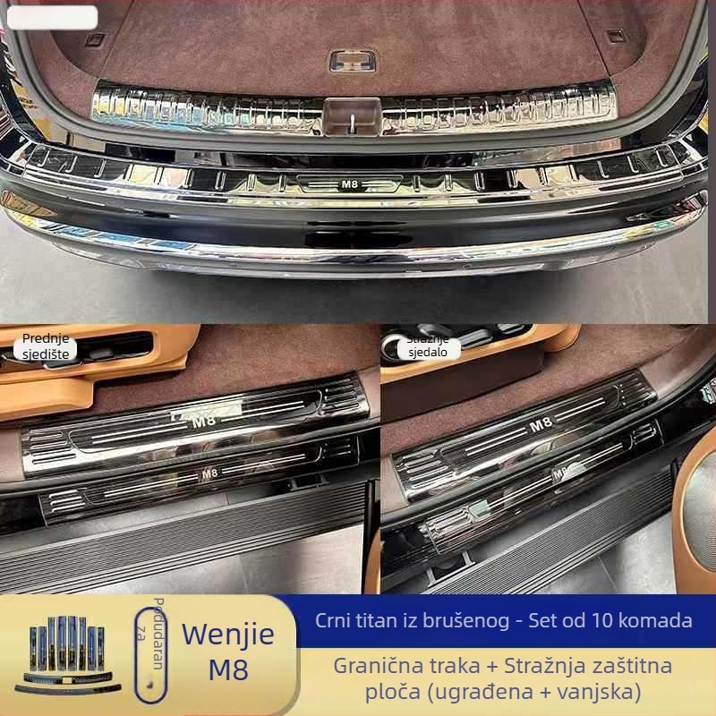 Set dodatne opreme za prtljažnik od nehrđajućeg čelika za Huawei Wenjie M8: stražnja zaštitna ploča, ukrasne trake, pragovi i pedala dobrodošlice — Junmiao • Huawei Wenjie M8 • Godina modela: 2025 • Prijenos: automatski