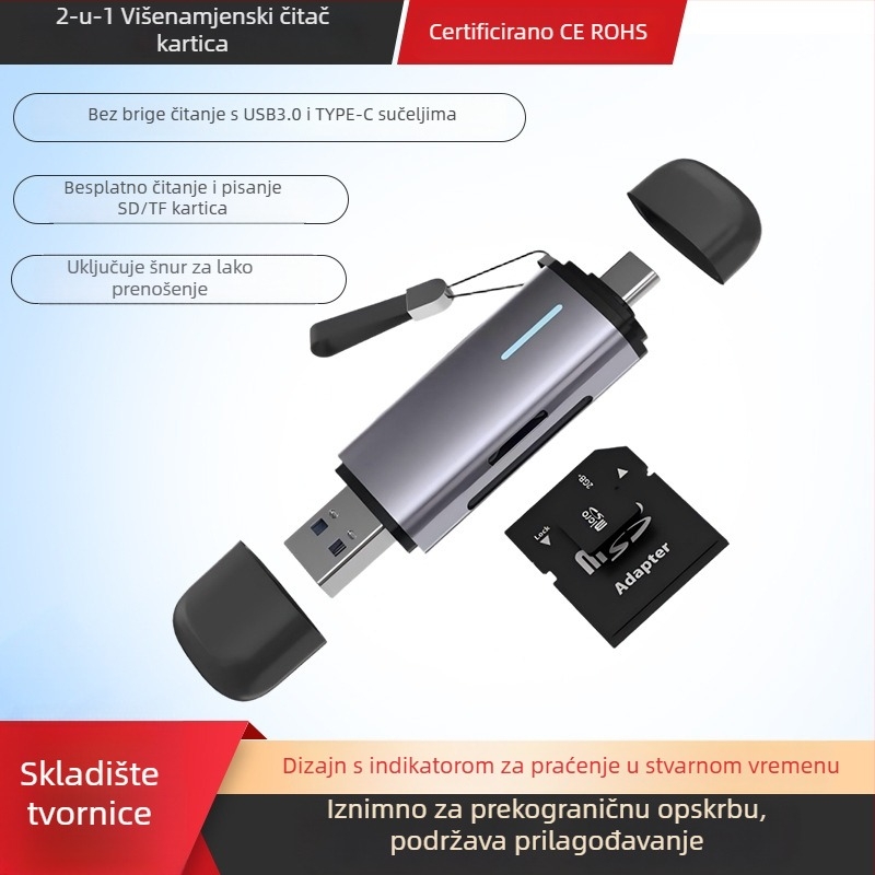 Ha-423 Čitač kartica s dvostrukim sučeljem USB 3.0/Type-C, podržava TF/SD, OTG za Android i PC, aluminijska legura