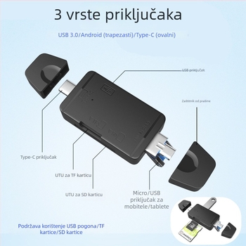 Šest-u-1 USB čitač kartica SD/TF za računala i Android uređaje ( USB 2.0 sučelje; podrška SD/TF kartica; Android/Type-C/USB priključci; model Z-233; OEM dostupan )