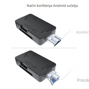 Šest-u-1 USB čitač kartica SD/TF za računala i Android uređaje ( USB 2.0 sučelje; podrška SD/TF kartica; Android/Type-C/USB priključci; model Z-233; OEM dostupan )