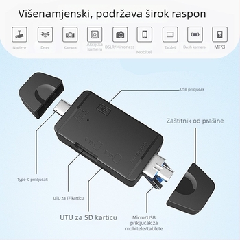 Šest-u-1 USB čitač kartica SD/TF za računala i Android uređaje ( USB 2.0 sučelje; podrška SD/TF kartica; Android/Type-C/USB priključci; model Z-233; OEM dostupan )