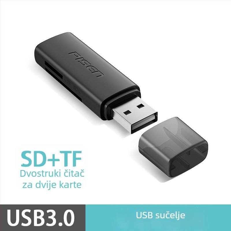 USB 3.0 čitač kartica SD i microSD — SD+TF dvostruki čitač, PC+ABS, kompatibilno s Windows 7