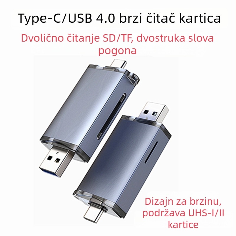 UHS-II SD4.0 čitač kartica s Type-C i USB-om – podržava SD/SDHC/TF/Mini SDHC, aluminijska legura, model T-933D