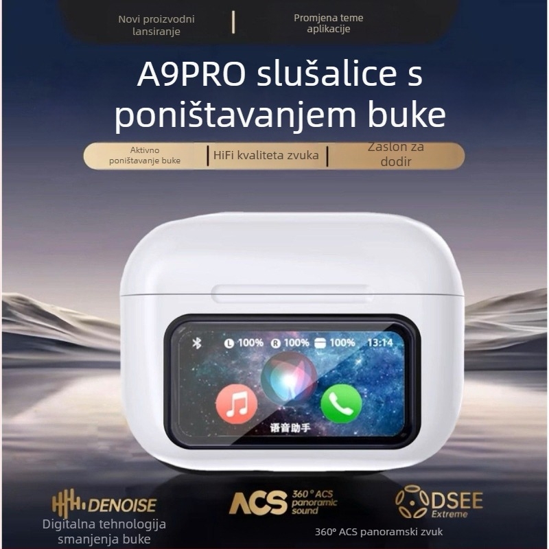 Bežične TWS slušalice A9Pro s ANC, digitalni zaslon, Bluetooth 5.4, sportski dizajn, držač za uho, stereo, domet 10 m, trajanje baterije do 4 h