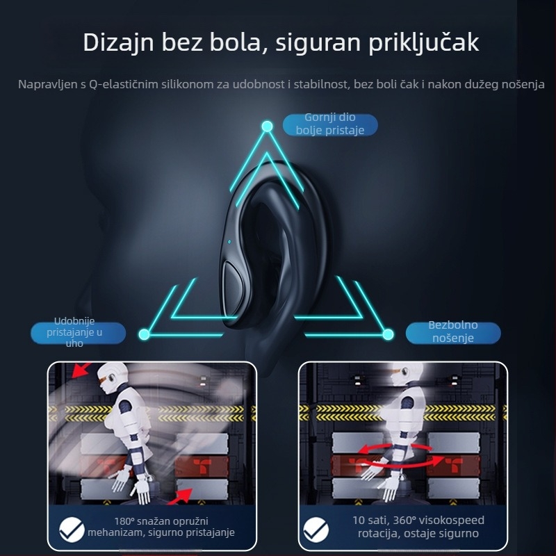 Bežične Bluetooth slušalice s držačem za uho, Bluetooth 5.3, domet 15 m, vodootporne, trajanje baterije >8 h, niska latencija za esport