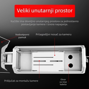 Vanjski zaštitni kućište za nadzornu kameru, tip gun, plastično kućište; kabel maksimalnog promjera 2 cm; radna temperatura -30°C do 60°C; ugradnja vijcima; prozor 60×60 mm.
